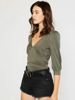 Sydney So Sweet Olive Green Deep V-Neck Balloon Sleeve Women's Bodysuit Women's Clothing