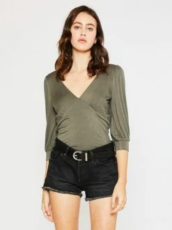 Sydney So Sweet Olive Green Deep V-Neck Balloon Sleeve Women's Bodysuit Women's Clothing