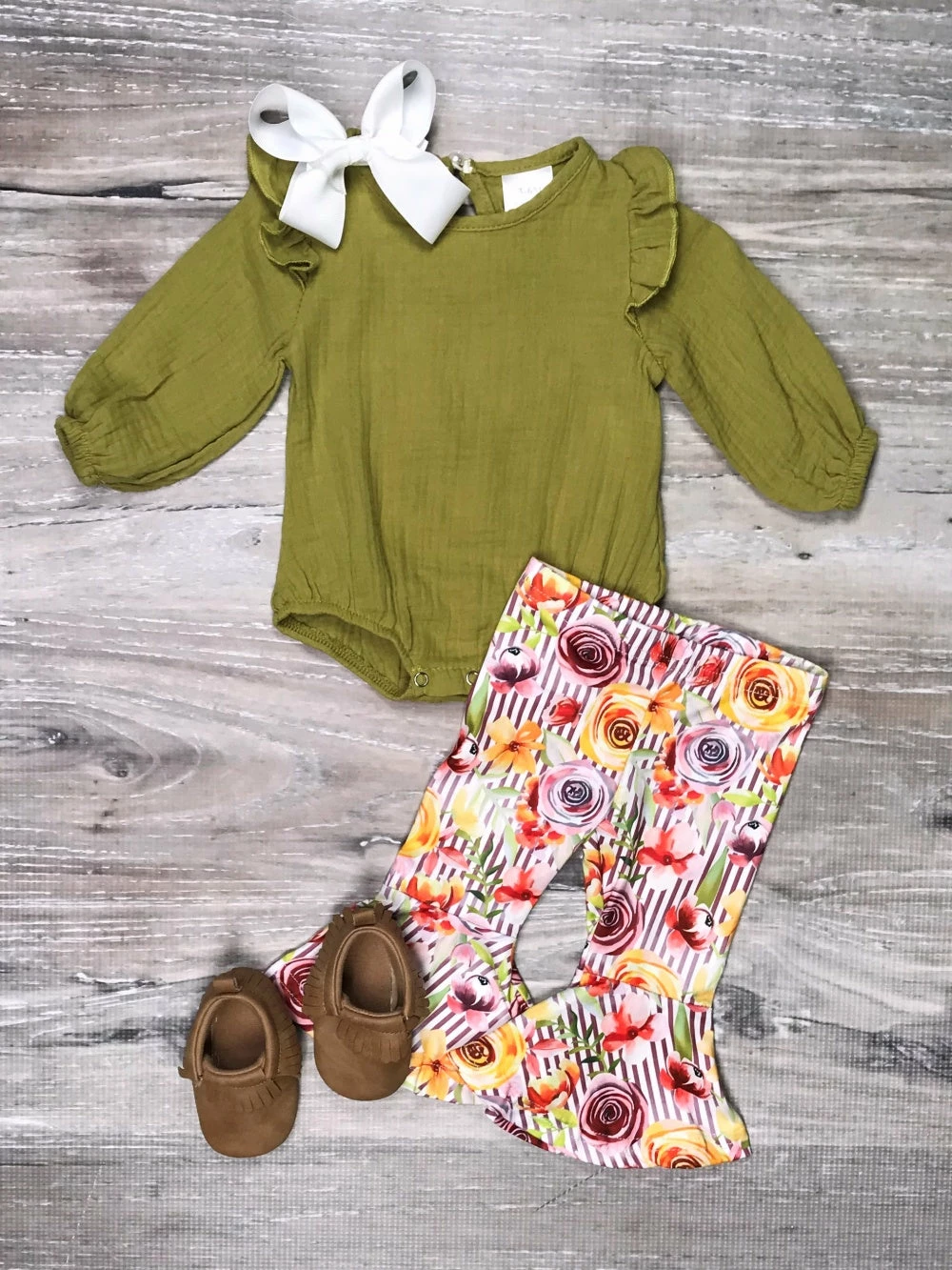 Sydney So Sweet Baby Boutique Olive For Florals Poppy Watercolor Bell Bottom Baby Girls Outfit 1 Sydney So Sweet Baby Boutique Olive For Florals Poppy Watercolor Bell Bottom Baby Girls Outfit