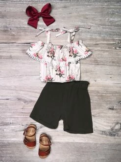 Sydney So Sweet Olive Green Rose Garden Cold Shoulder Pom Girls Shorts Outfit Shorts & Capri Outfits