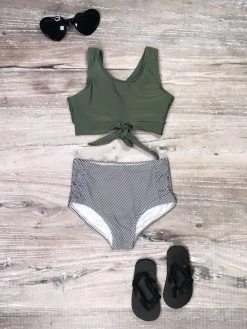 Sydney So Sweet Olive Green Stripe Tie Knot Two Piece Girls Swimsuit