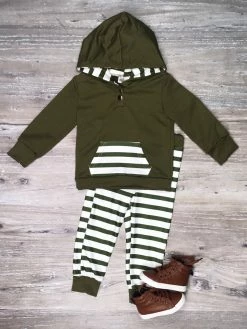 Sydney So Sweet Loungewear, Joggers, & PJ's Olive Green & White Stripe Pocket Cozy Boys Hooded Jogger Outfit
