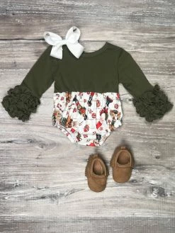 Sydney So Sweet Baby Boutique Olive Nutcracker Peppermint Ruffle Sleeve Girls Christmas Baby Romper