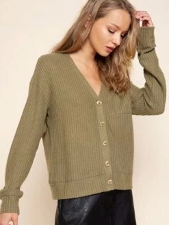 Sydney So Sweet Women's Clothing Olive Button Up Brushed Waffle Knit Women's Cardigan