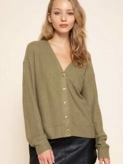 Sydney So Sweet Women's Clothing Olive Button Up Brushed Waffle Knit Women's Cardigan