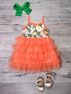 Sydney So Sweet Orange Citrus Floral Tiered Chiffon Tulle Ruffle Girls Dress