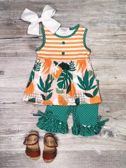 Sydney So Sweet Shorts & Capri Outfits Orange Tropics Teal Polka Dot Ruffle Girls Shorts Outfit