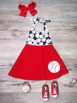 Sydney So Sweet Outta The Park Navy & Red Baseball Halter Girls Dress New Arrivals