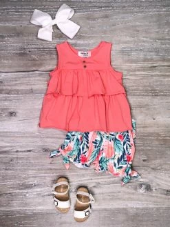 Sydney So Sweet New Arrivals Paradise Peach Tropical Palm Ruffle Girls Shorts Outfit