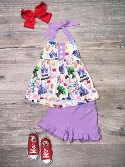 Sydney So Sweet New Arrivals Park Hopper Theme Park Vacation Purple Ruffle Girls Shorts Outfit