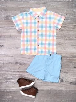 Sydney So Sweet Pastel Gingham Blue Button Up Boys Shorts Outfit