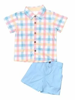 Sydney So Sweet Pastel Gingham Blue Button Up Boys Shorts Outfit