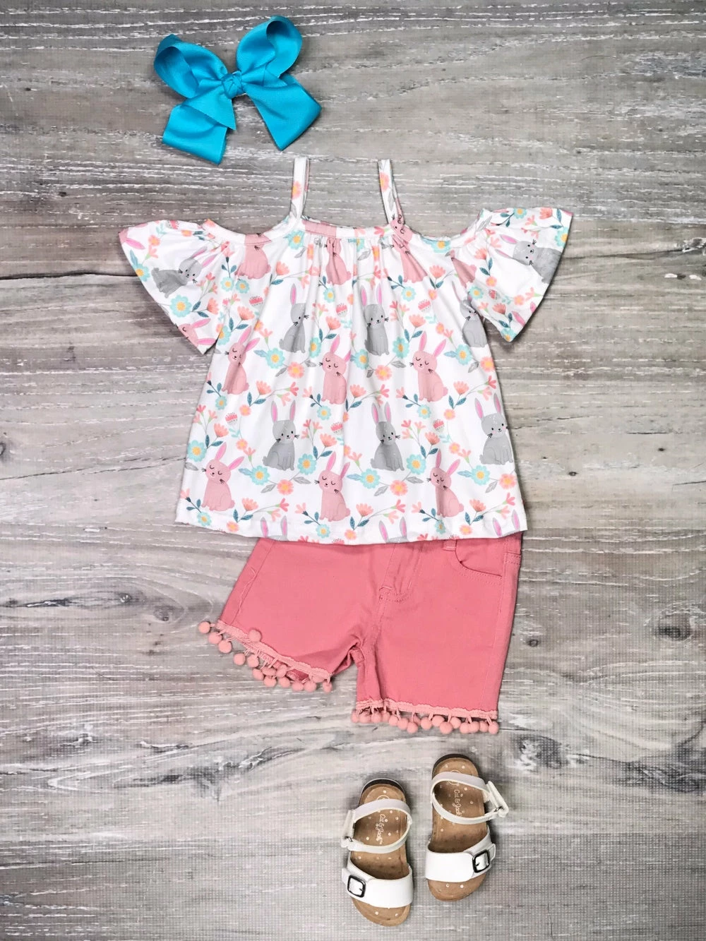 Sydney So Sweet Pastel Pink & Gray Rabbit Cold Shoulder Rose Denim Girls Shorts Outfit 1 Sydney So Sweet Pastel Pink & Gray Rabbit Cold Shoulder Rose Denim Girls Shorts Outfit