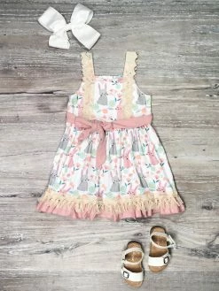 Sydney So Sweet Pastel Pink & Gray Rabbit Ruffle Lace Tank Girls Dress