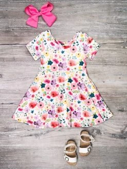 Sydney So Sweet Dresses & Skirt Sets Pastel Poppy Colorful Floral Short Sleeve Girls Skater Dress