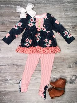 Sydney So Sweet Pastel Roses Navy Floral Stripe Ruffle Girls Boutique Outfit