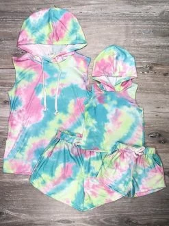 Sydney So Sweet Mommy And Me - Pastel Tie Dye Hooded Tank Matching Shorts Sets