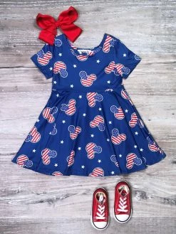 Sydney So Sweet Patriotic Mouse Blue Flag Short Sleeve Girls Skater Dress New Arrivals