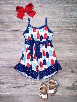 Sydney So Sweet New Arrivals Patriotic Polka Dot Popsicle Ruffle Girls 4th Of July Shorts Romper