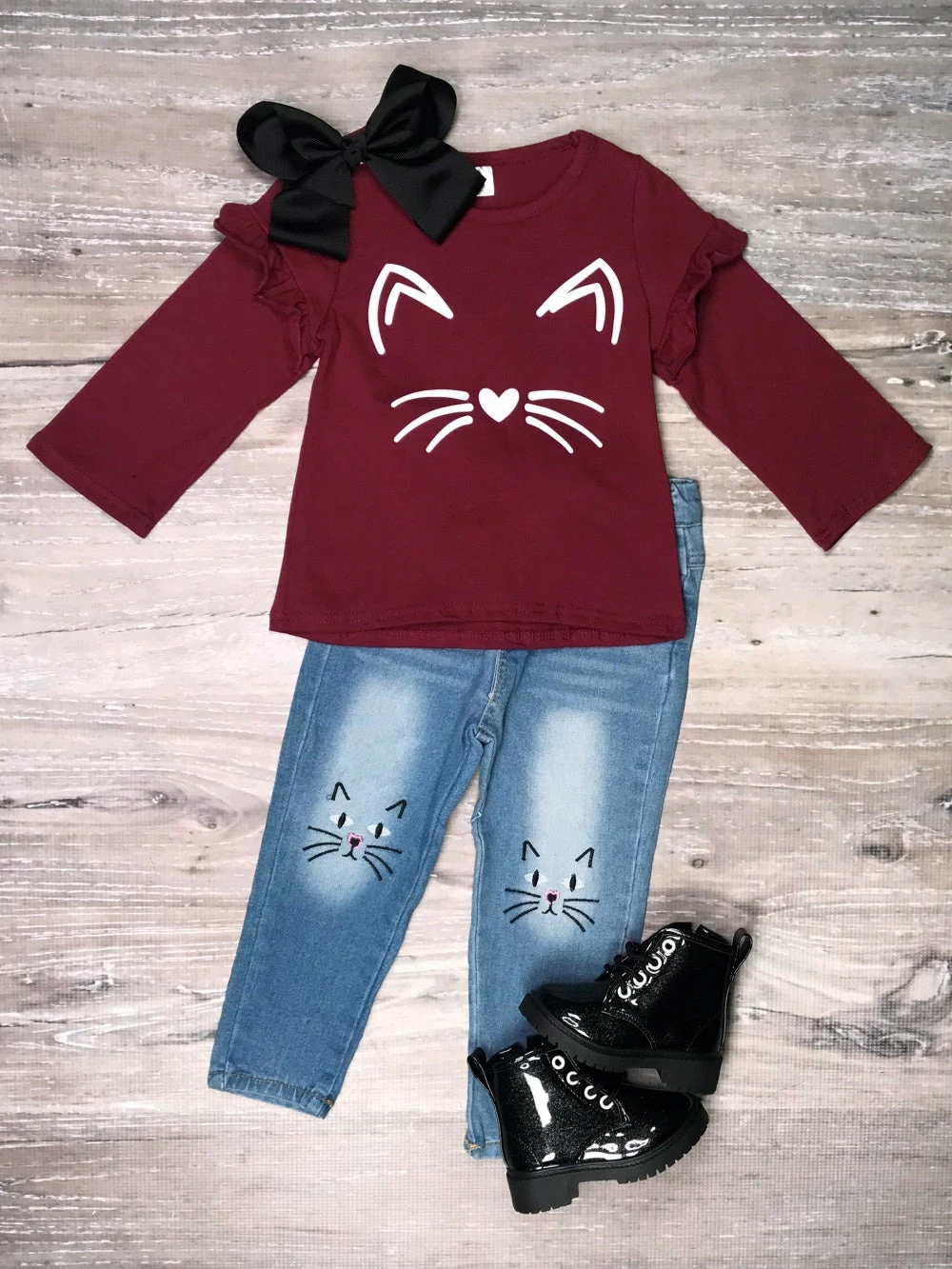 Sydney So Sweet Pawsitively Precious Cat Burgundy Denim Girls Outfit 1 Sydney So Sweet Pawsitively Precious Cat Burgundy Denim Girls Outfit