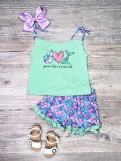 Sydney So Sweet Peace Love Mermaids Mint Ruffle Girls Shorts Outfit New Arrivals