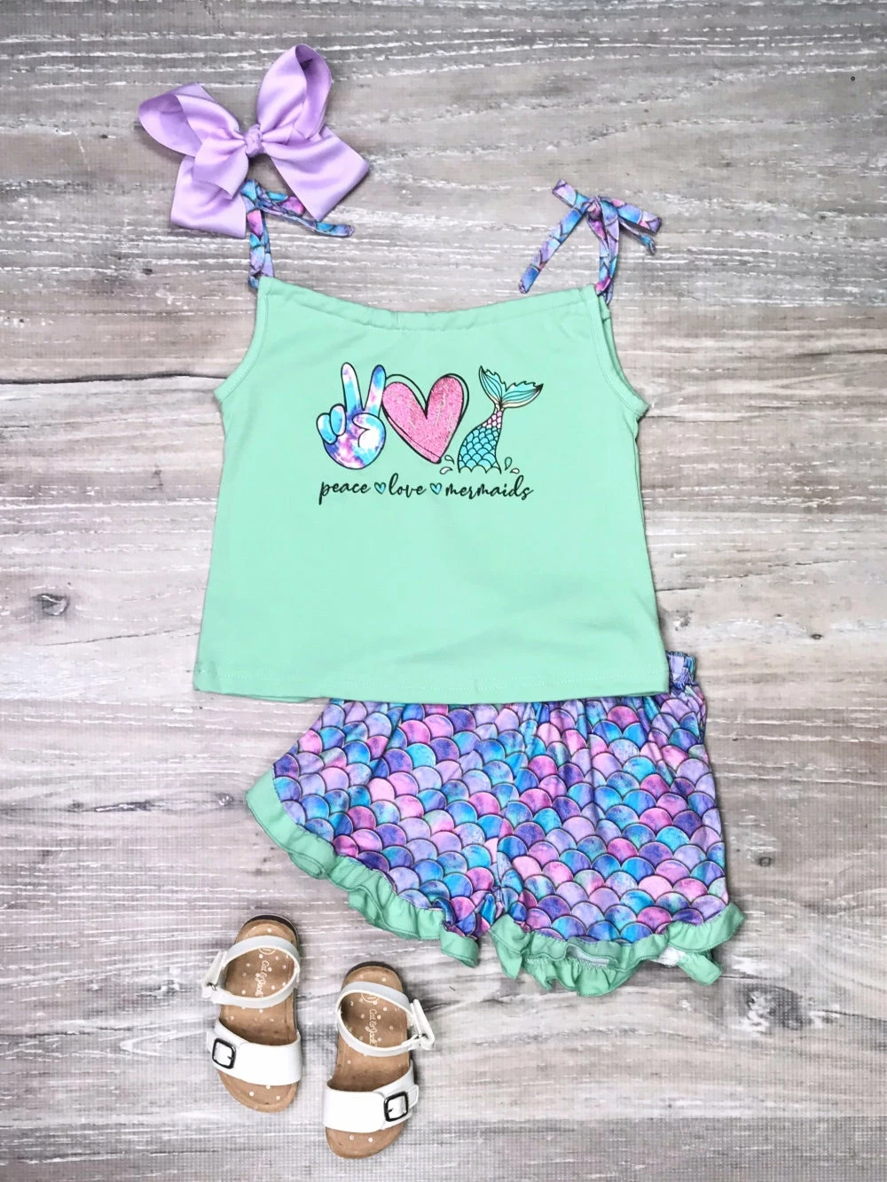 Sydney So Sweet Peace Love Mermaids Mint Ruffle Girls Shorts Outfit New Arrivals 1 Sydney So Sweet Peace Love Mermaids Mint Ruffle Girls Shorts Outfit New Arrivals