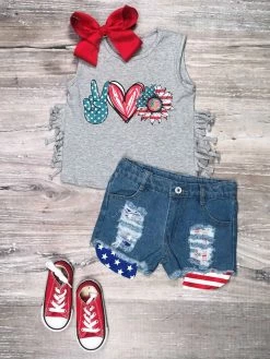 Sydney So Sweet Peace, Love, America Fringe Flag Denim Girls Shorts Outfit