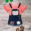 Sydney So Sweet Peach Out Coral Heart Sequin Denim Patch Girls Overall Shorts Outfit
