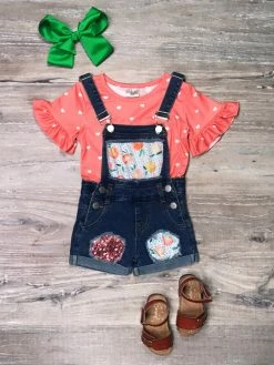 Sydney So Sweet Peach Out Coral Heart Sequin Denim Patch Girls Overall Shorts Outfit