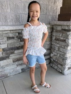 Sydney So Sweet Peach Rose Floral Smocked Ruffle Girls Shorts Outfit Shorts & Capri Outfits