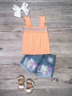 Sydney So Sweet Peachy Orange Smocked Sequin Denim Girls Shorts Outfit New Arrivals