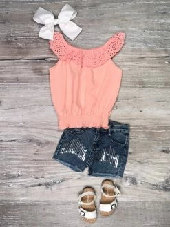 Sydney So Sweet Peachy Pink Eyelet Lace Sequin Denim Girls Shorts Outfit
