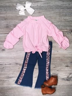 Sydney So Sweet Perfect Pink Stripe Ruffle Tie Knot Sequin Denim Flare Girls Outfit