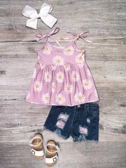 Sydney So Sweet New Arrivals Perfectly Picked Daisy Purple Denim Patch Girls Shorts Outfit