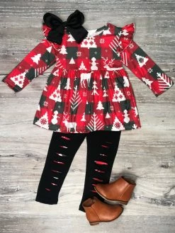Sydney So Sweet Pine Tree Plaid Ruffle Distressed Leggings Girls Outfit