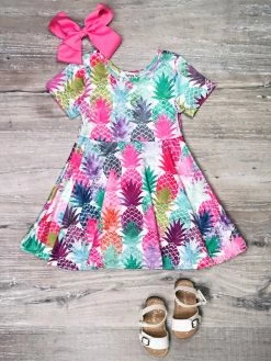 Sydney So Sweet On Wednesday, We Wear Pink Pineapple Of My Eye Rainbow Short Sleeve Girls Skater Dress