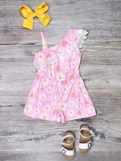 Sydney So Sweet New Arrivals Pink Rainbows & Daisies Ruffle Lace One Shoulder Girls Shorts Romper