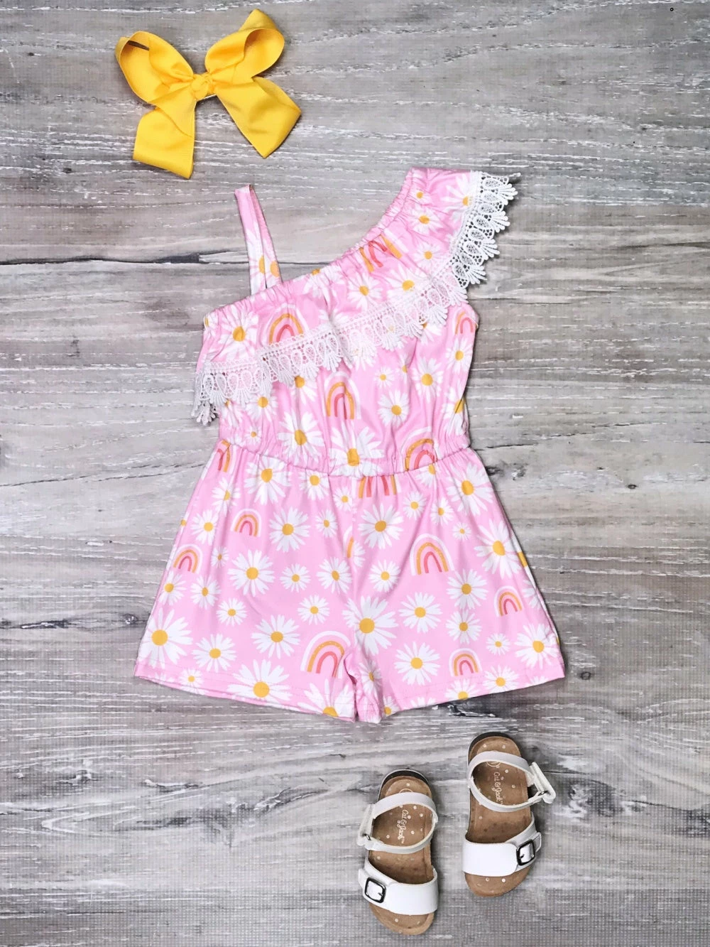 Sydney So Sweet New Arrivals Pink Rainbows & Daisies Ruffle Lace One Shoulder Girls Shorts Romper 1 Sydney So Sweet New Arrivals Pink Rainbows & Daisies Ruffle Lace One Shoulder Girls Shorts Romper