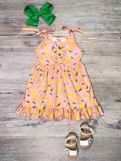Sydney So Sweet Pink Lemonade Ruffle Tie Strap Girls Tank Dress