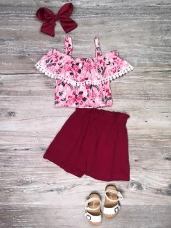 Sydney So Sweet New Arrivals Pink Plum Floral Pom Pom Cold Shoulder Girls Shorts Outfit