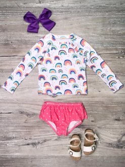 Sydney So Sweet Pink Polka Rainbow Ruffle Long Sleeve Girls Swimsuit