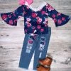 Sydney So Sweet Pink Promise Rose Floral Navy Lace Denim Patch Girls Outfit