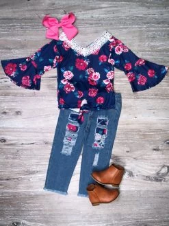 Sydney So Sweet Pink Promise Rose Floral Navy Lace Denim Patch Girls Outfit