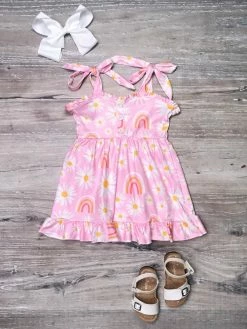 Sydney So Sweet Pink Rainbows & Daisies Ruffle Cold Shoulder Girls Dress New Arrivals
