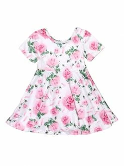 Sydney So Sweet New Arrivals Pink Rose Petals Floral Short Sleeve Girls Skater Dress