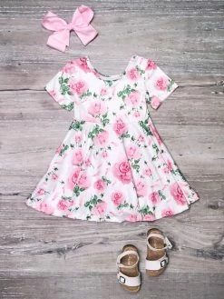 Sydney So Sweet New Arrivals Pink Rose Petals Floral Short Sleeve Girls Skater Dress