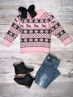 Sydney So Sweet Pink Snow Fair Isle Deer Fuzzy Girls Sweater Top T-Shirts & Tops