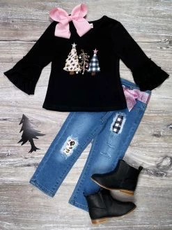 Sydney So Sweet Sparkle In Pink Tree Girls Distressed Denim Outfit