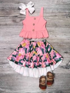 Sydney So Sweet Pink Tropical Hibiscus Flower Ruffle Girls Skirt Outfit