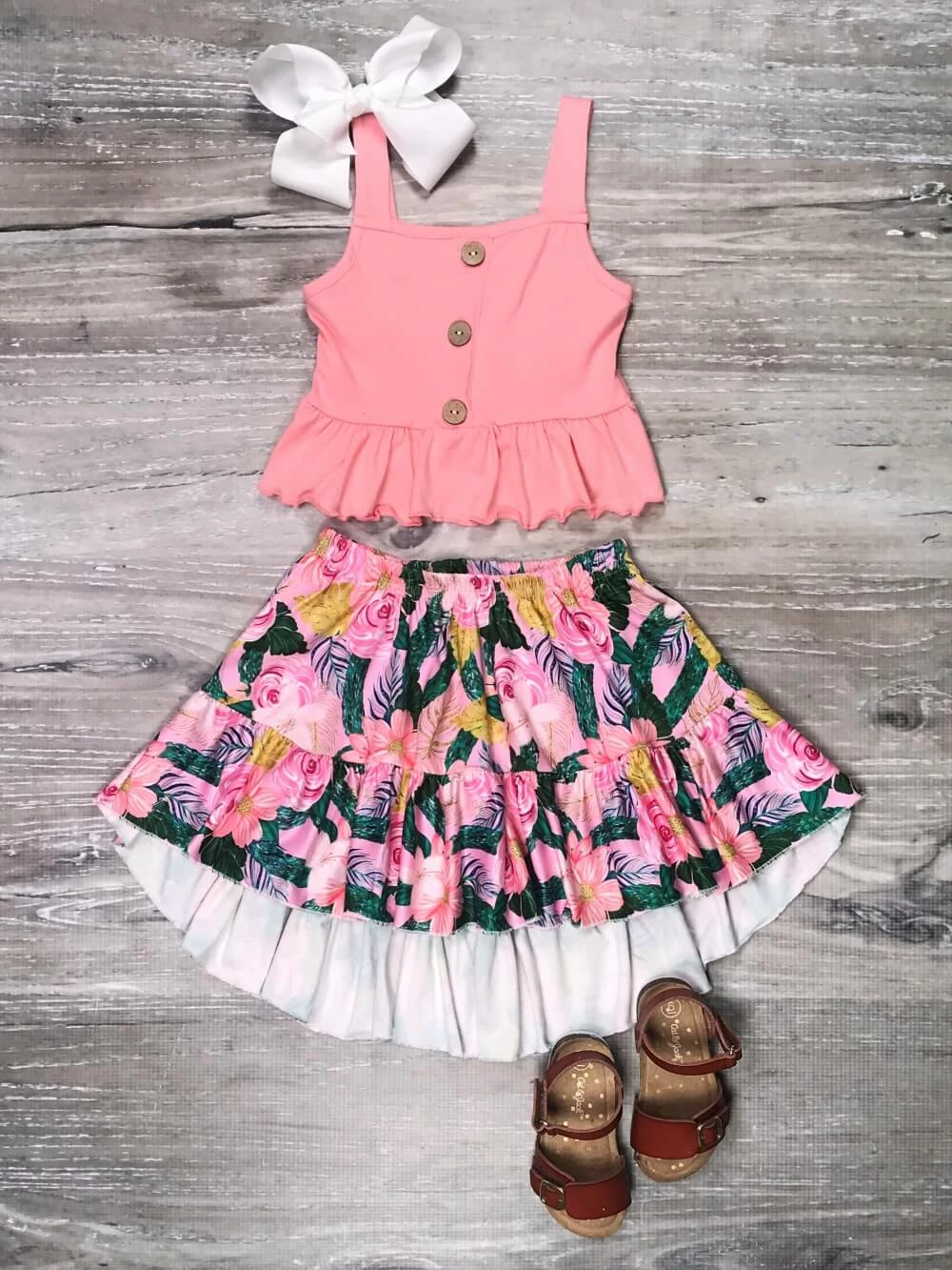 Sydney So Sweet Pink Tropical Hibiscus Flower Ruffle Girls Skirt Outfit 1 Sydney So Sweet Pink Tropical Hibiscus Flower Ruffle Girls Skirt Outfit